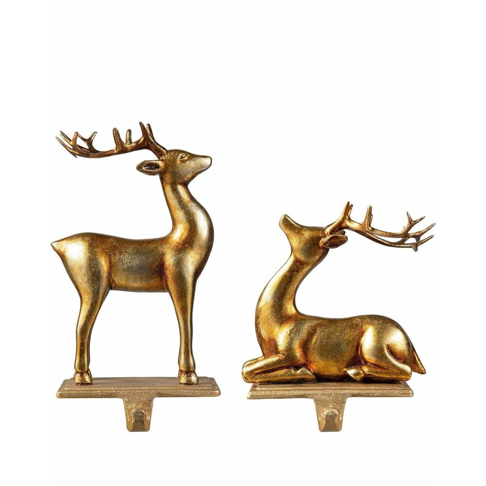 New Glitzhome Gold Standing & Sitting Reindeer Stocking Holder Set